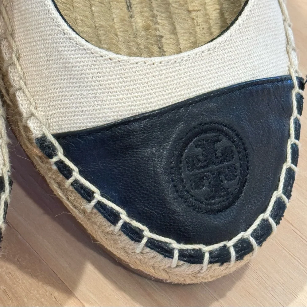 Tory Burch Beige Canvas Espadrille Flats with Black Toe Caps